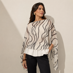 Lenço Pelerine França Branca Listras Orgânicas Preta